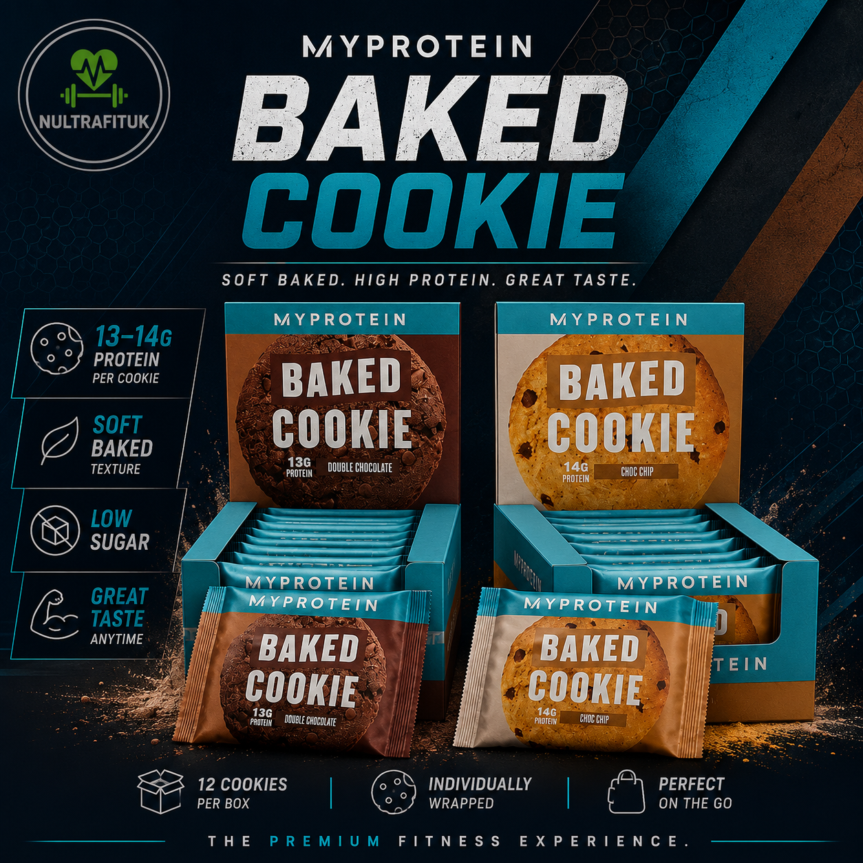 Promotional graphic for MyProtein Baked Cookie packs, showing multiple individually wrapped and boxed cookies in teal packaging on a dark graphic background with fitness-themed text and icons.