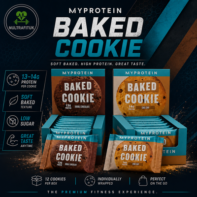 Promotional graphic for MyProtein Baked Cookie packs, showing multiple individually wrapped and boxed cookies in teal packaging on a dark graphic background with fitness-themed text and icons.