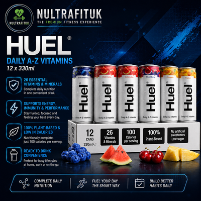 A promotional product graphic for NULTRAFITUK Huel Daily A-Z Vitamins, showing six vitamin drink cans in assorted flavours lined up on top of a white carton. The background is dark blue with glowing graphic elements and text detailing product benefits.