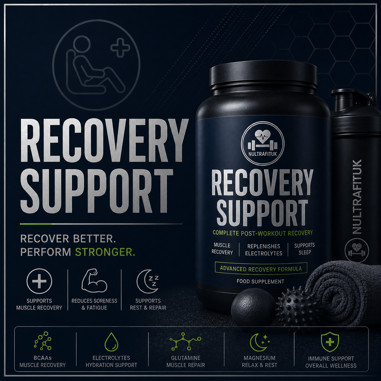 A dark promotional graphic for a black NULTRAFITUK Recovery Support supplement tub and matching shaker bottle, with large white and green text, fitness icons, and a dark textured background.