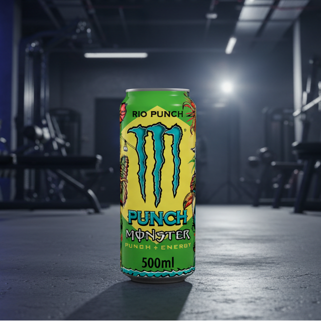 Monster Energy drink can with colourful design on a gym background