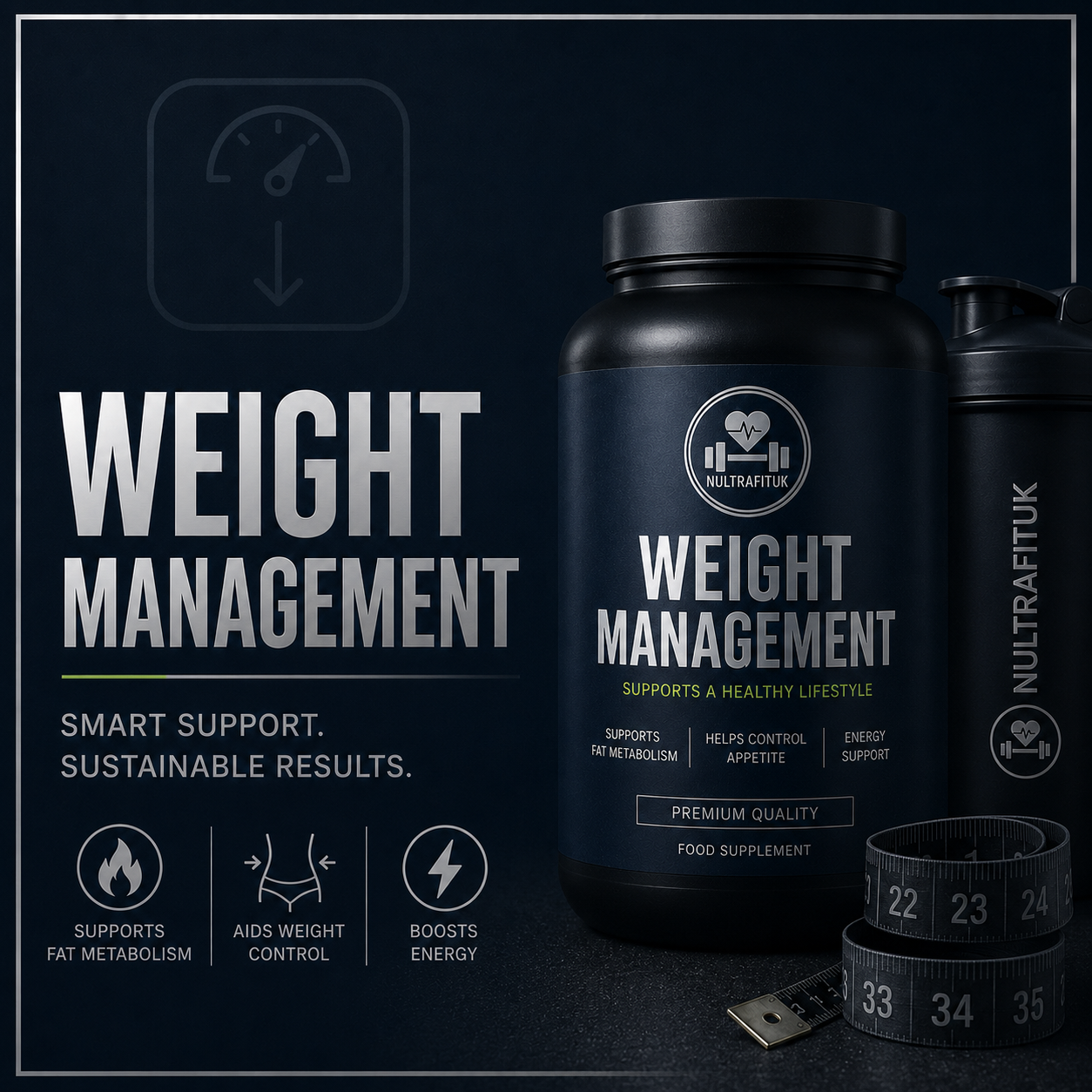 A dark navy nutrition supplement container labeled 'Weight Management' stands beside a matching shaker bottle and a slim digital scale on a dark studio background with marketing text about weight management.