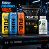 Body Fuel energy drinks, Creatine powder, and Reflex Nutrition zinc and magnesium supplement on a gym bench.