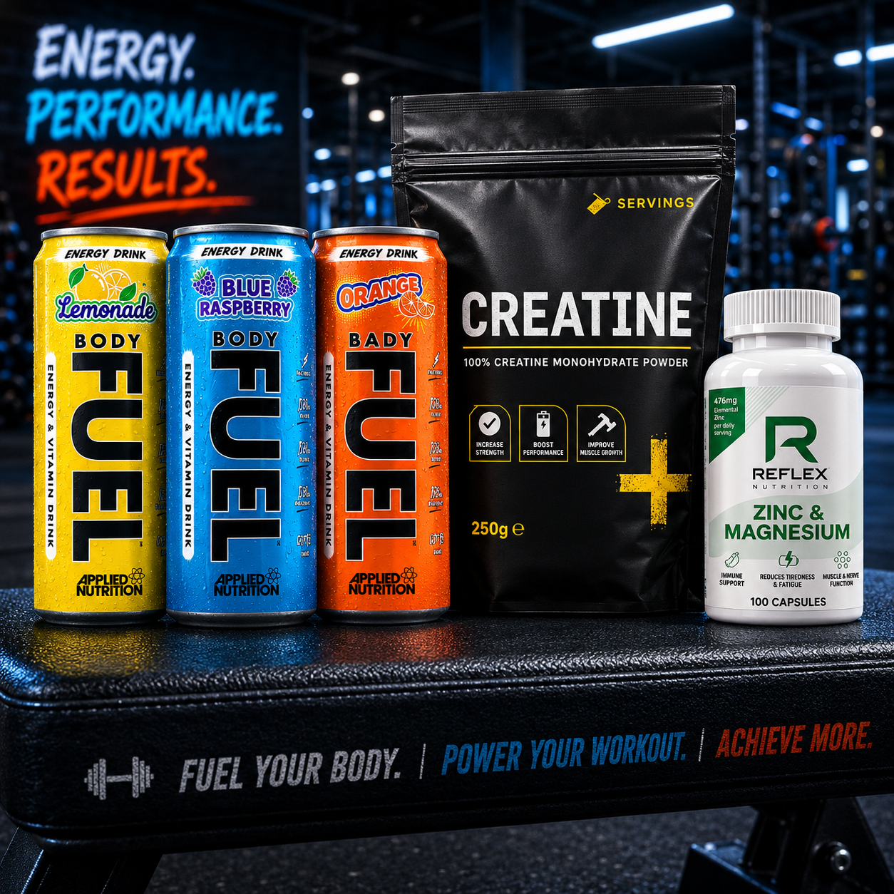 Body Fuel energy drinks, Creatine powder, and Reflex Nutrition zinc and magnesium supplement on a gym bench.