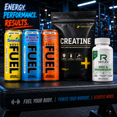 Body Fuel energy drinks, Creatine powder, and Reflex Nutrition zinc and magnesium supplement on a gym bench.