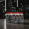 Three containers of Ghost whey protein powder on a gym floor.