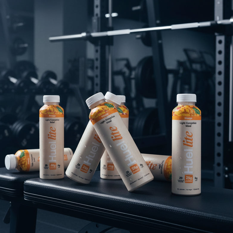 Huel lite light complete meal replacement shake bottle on an gym background