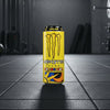 Monster Energy drink can with distinctive logo on a gym background