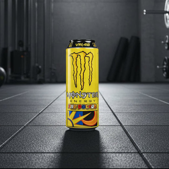 Monster Energy drink can with distinctive logo on a gym background