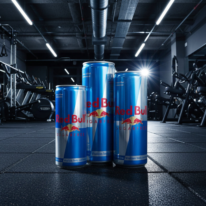 Three Red Bull energy drink cans in a gym setting