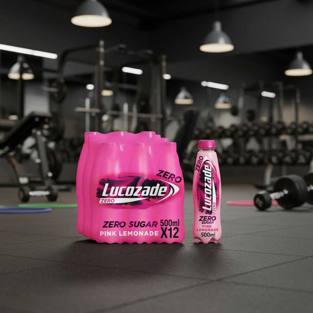 Lucozade Zero Pink Lemonade packaging including a bottle and carton on a gym background