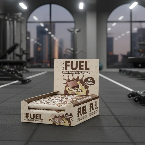 Box of Body Fuel High Protein Flapjack Chocolate flavour on a gym background