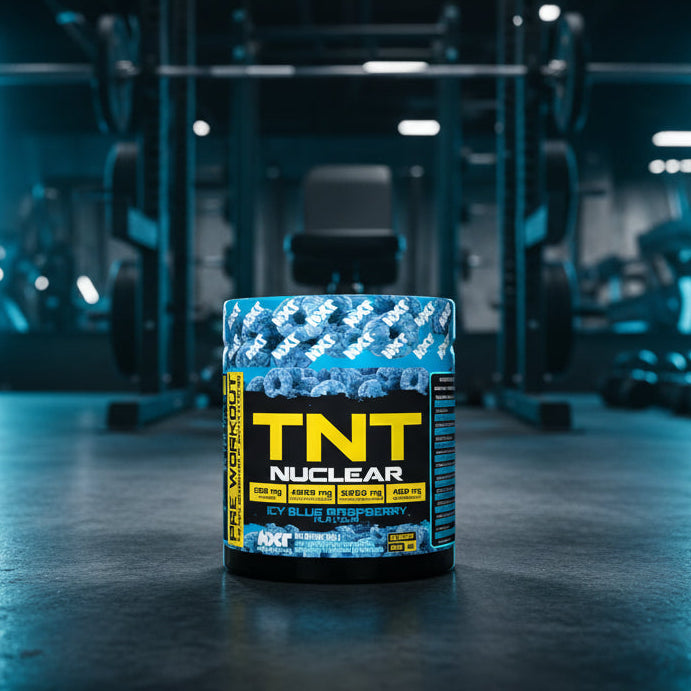 TNT Nuclear pre-workout supplement container with blue raspberry flavor details.