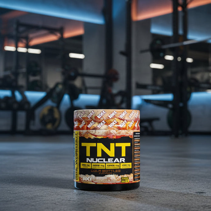 TNT Nuclear supplement container on a gym floor with equipment in the background