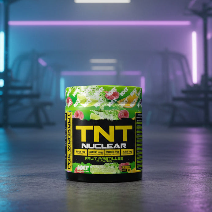 TNT Nuclear supplement container in a futuristic room with neon lights