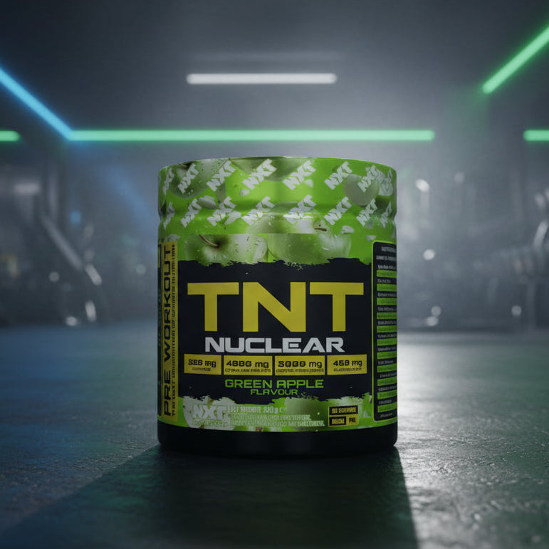 TNT Nuclear supplement container with green and black design on a dark background