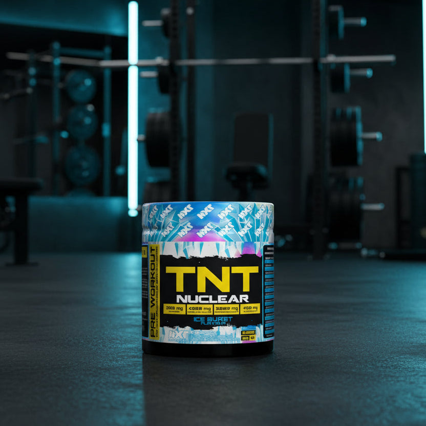 NXT Nutrition TNT Nuclear supplement container with colorful label
