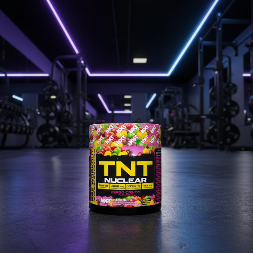 TNT Nuclear pre-workout supplement container with colorful candy design on a white background
