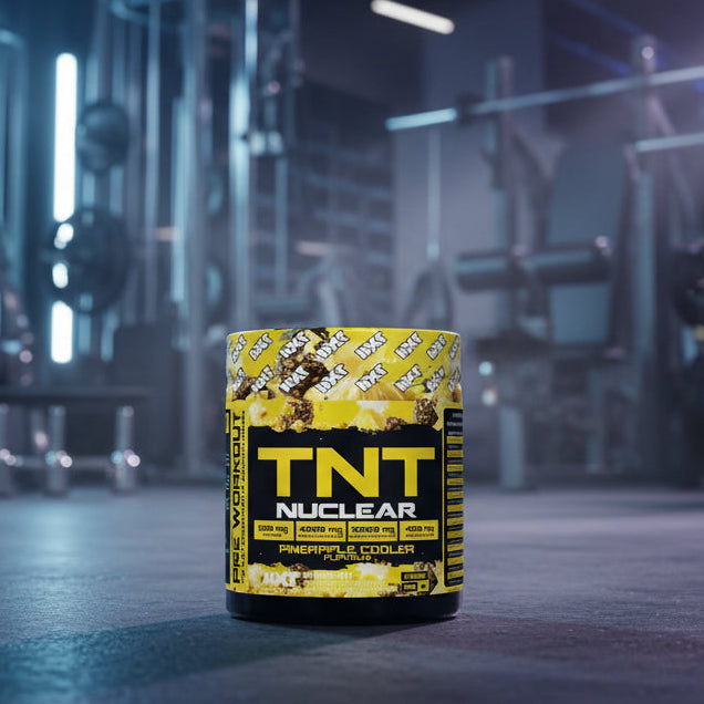 TNT Nuclear supplement container in a gym setting