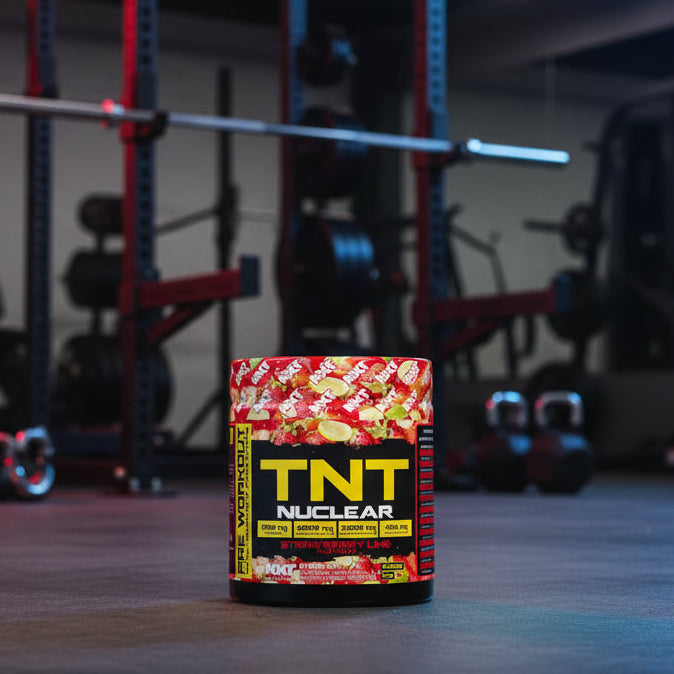 TNT Nuclear pre-workout supplement container with strawberry lime flavor on a white background