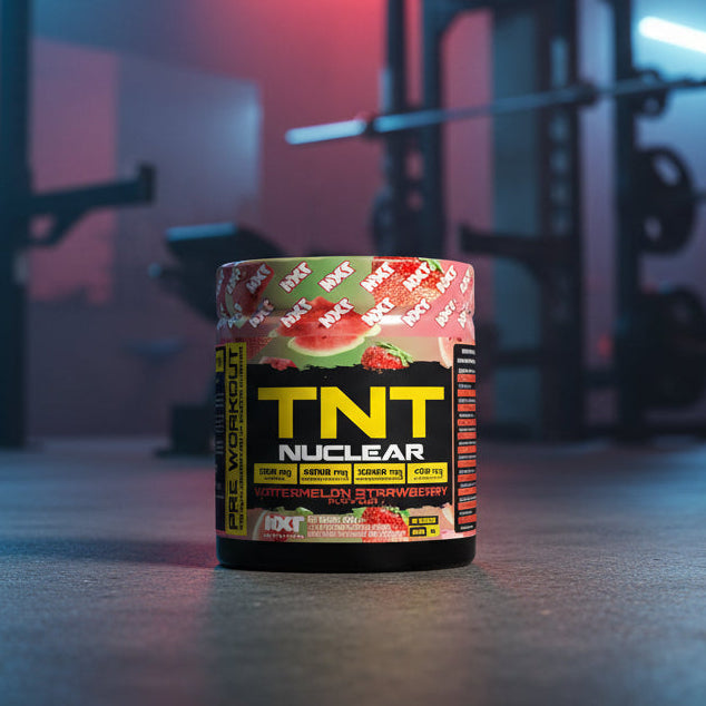 TNT Nuclear supplement container in a gym setting with equipment in the background