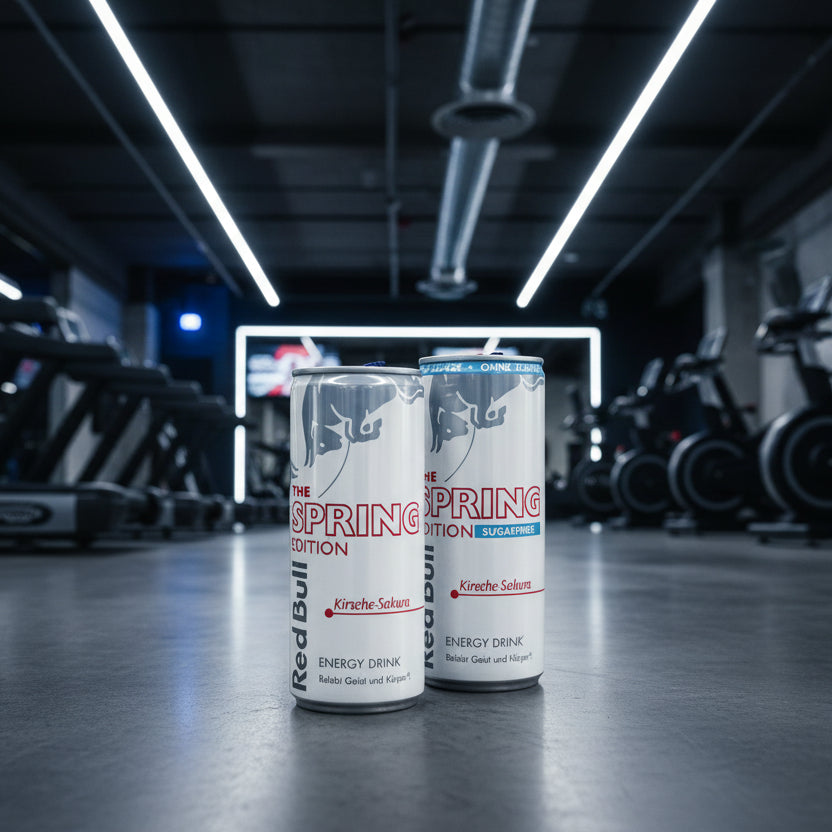 Two Red Bull energy drink cans on a gym floor with fitness equipment in the background.