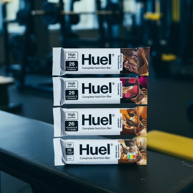 Stack of Huel nutrition bars with a gym background