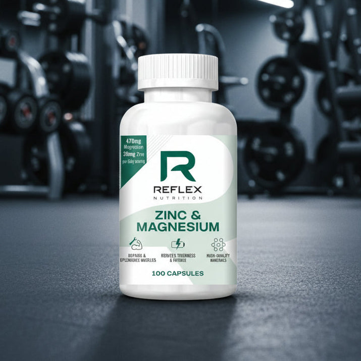 Bottle of Reflex Nutrition Zinc & Magnesium supplement in a gym setting