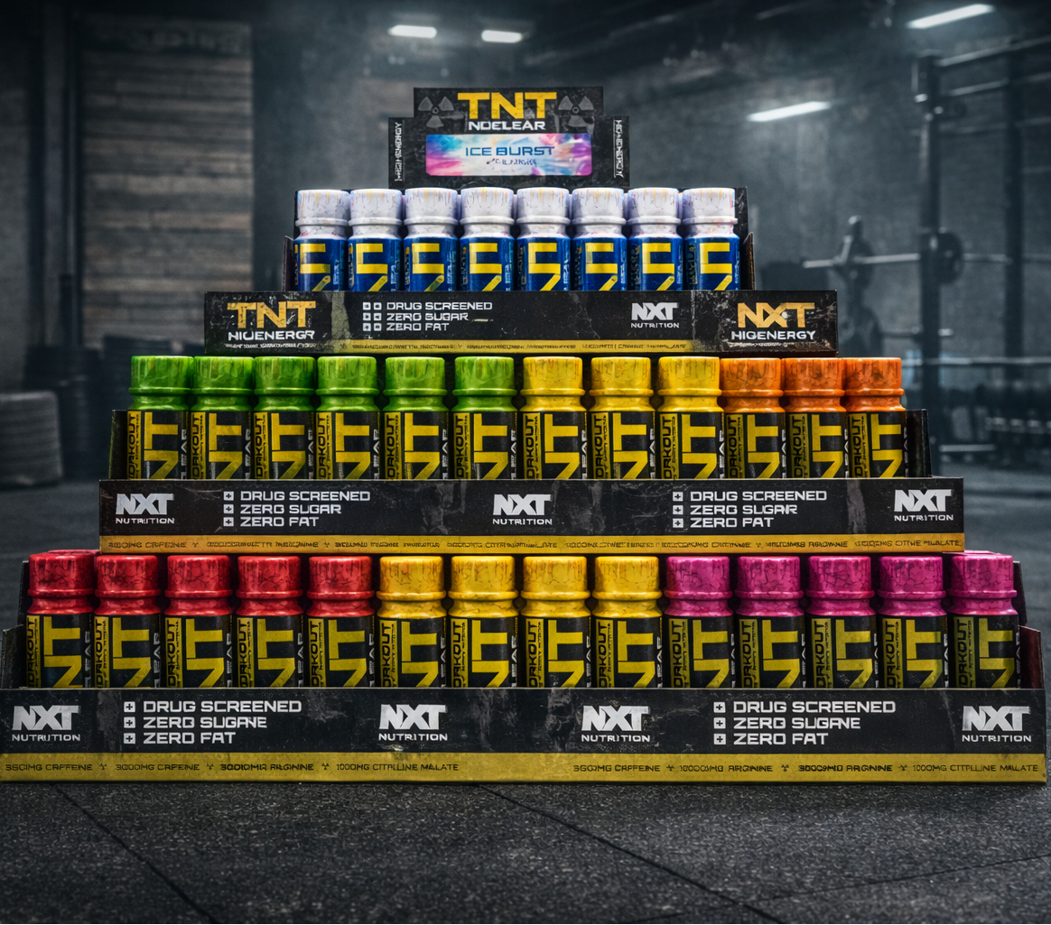 Stack of supplement bottles with visible branding in a gym setting