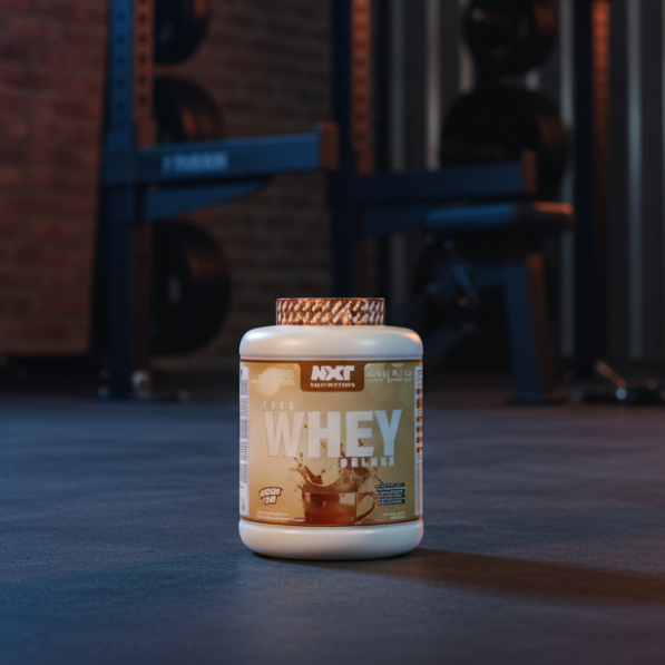 NXT Nutrition Pure Whey Deluxe protein powder container with a coffee flavour on a gym background