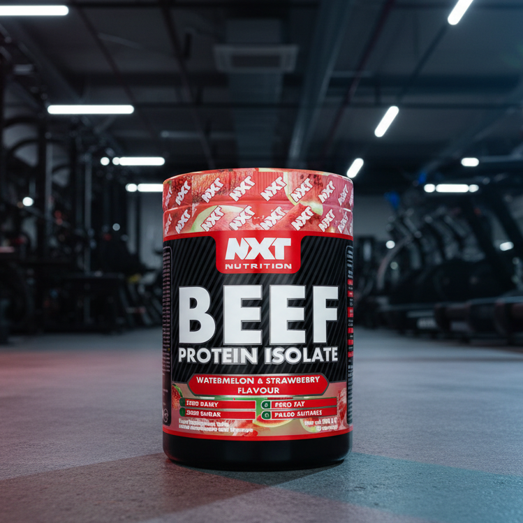 NXT Nutrition Beef Protein Isolate container with watermelon and strawberry flavor on a white background