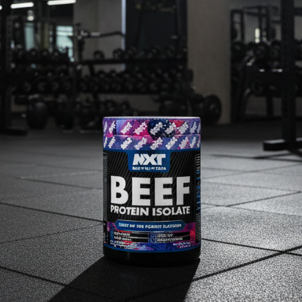 Container of NXT Beef Protein Isolate on a gym floor