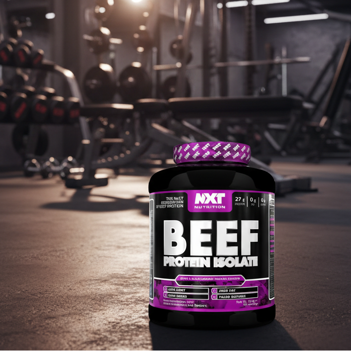 NXT Beef Protein Isolate bottle in a gym setting