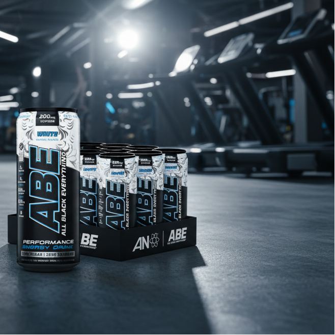 Multiple cans of ABE Performance Energy Drink in a display case on a gym floor background