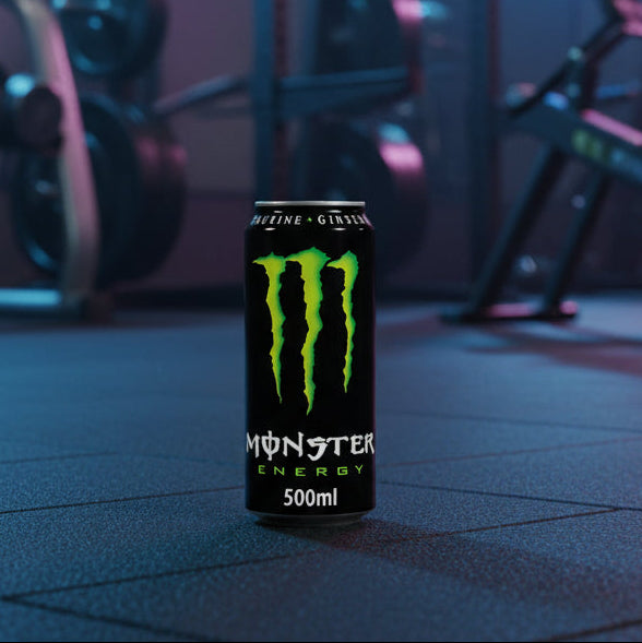 Monster Energy drink bottle on a gym floor with equipment in the background