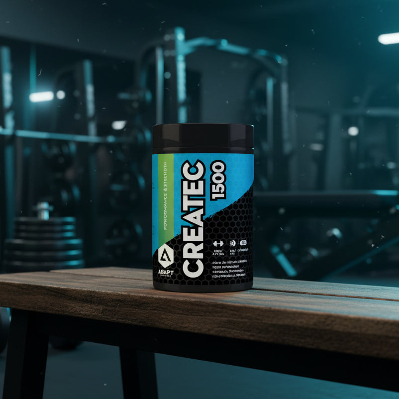 Supplement container labeled 'CREATEC 1500' with gym equipment in the background