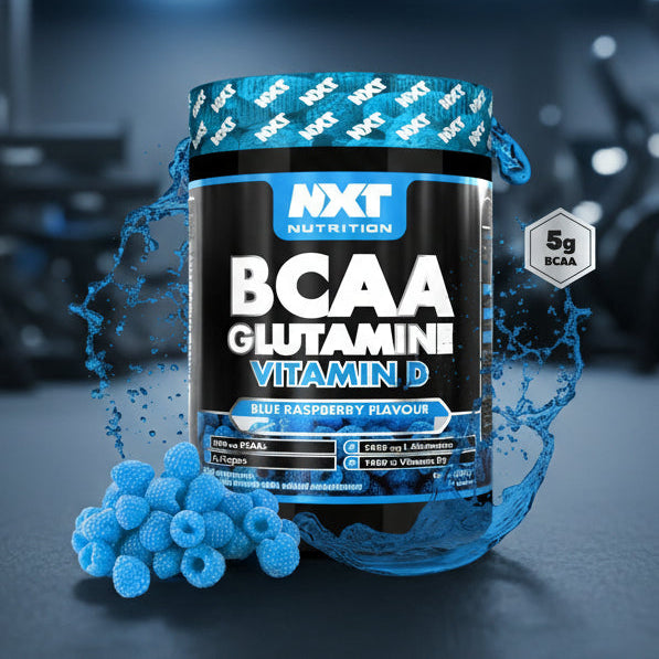 NXT Nutrition BCAA Glutamini Vitamin D supplement container with blueberries on a dark background