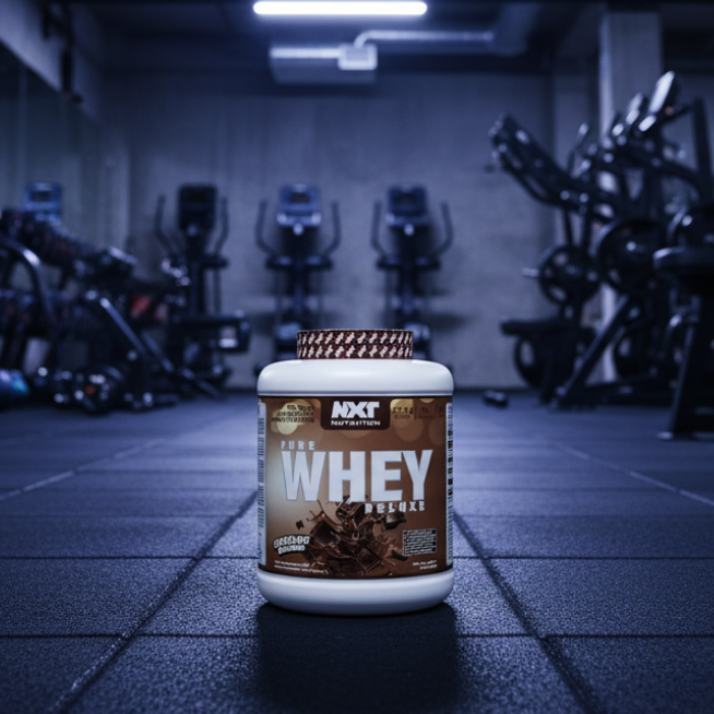NXT Nutrition Pure Whey Deluxe protein powder container with chocolate flavour on a gym background