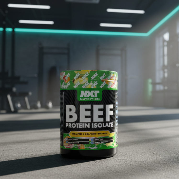 Beef protein isolate container in a gym setting