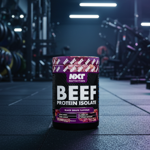 Beef protein isolate container with a futuristic gym background