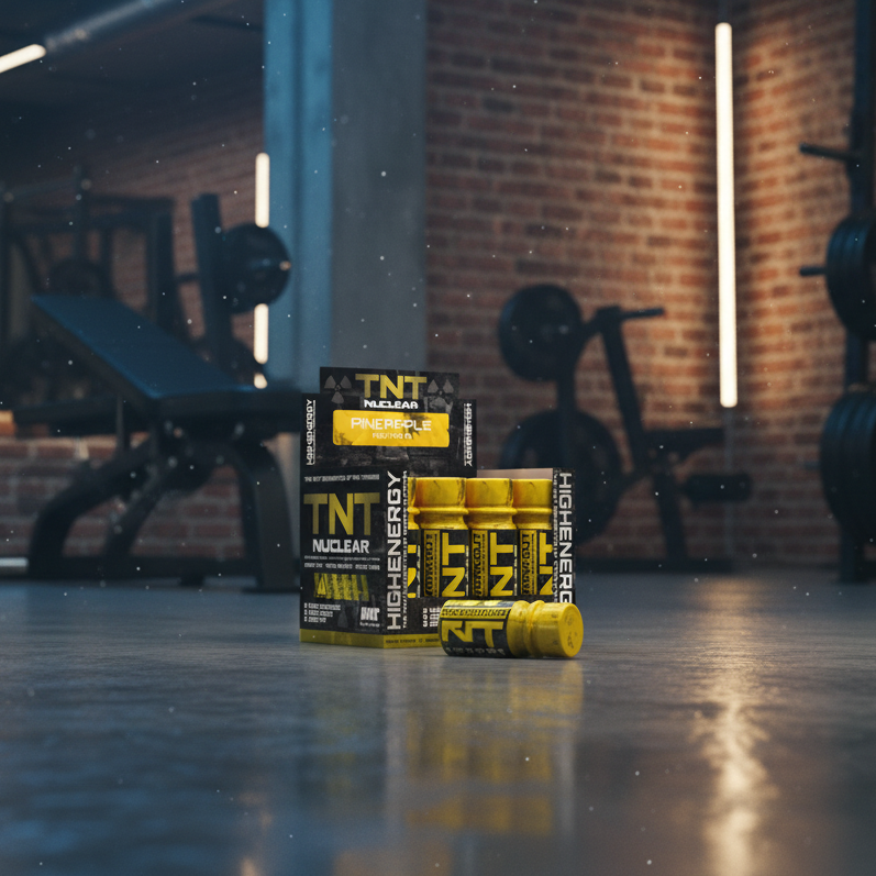 TNT Nuclear energy drink containers on a gym floor with gym equipment in the background