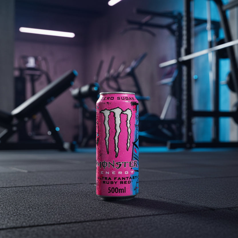 Pink Monster Energy drink can on a gym background
