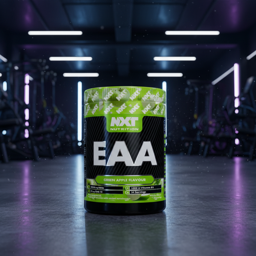 NXT Nutrition EAA supplement container in a futuristic setting