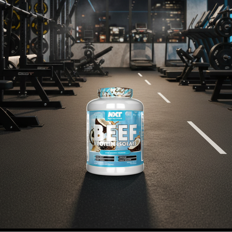 Beef protein supplement container in a gym setting