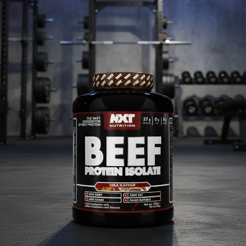 Beef protein supplement container with 'NXT Nutrition' branding in a gym setting