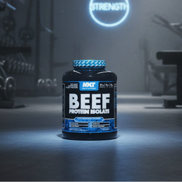 Beef protein isolate container with 'Strength' neon sign in gym background