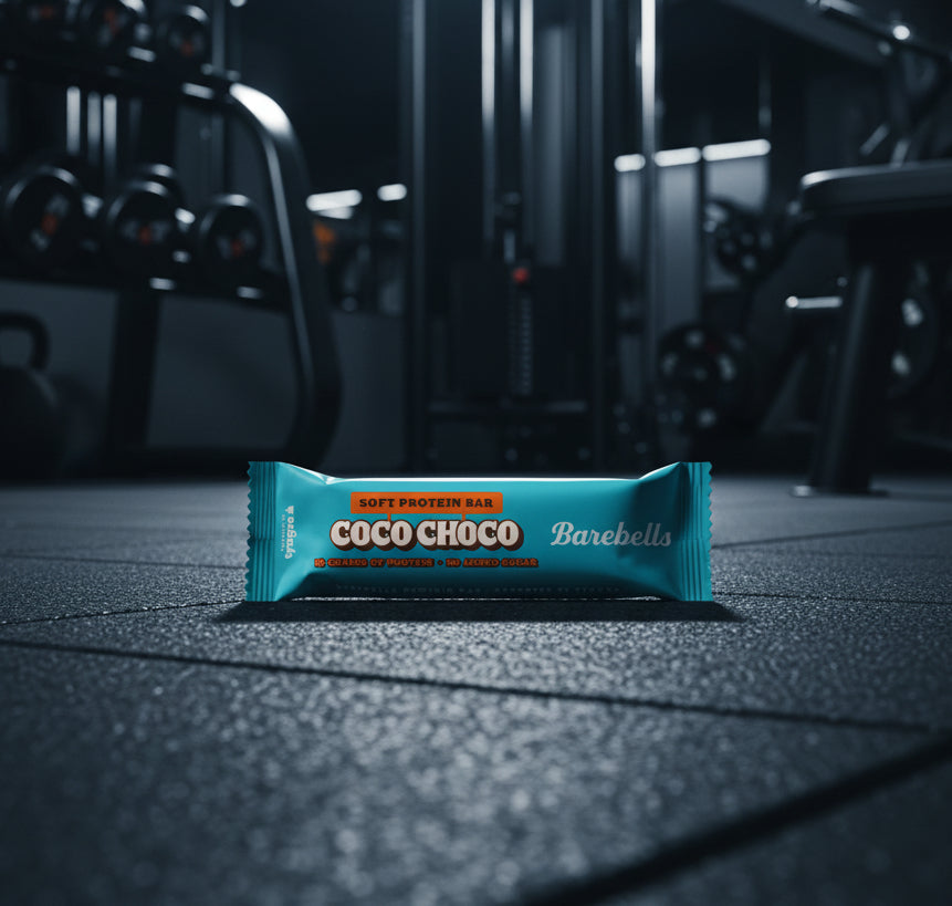 Coco Choco Barebells protein bar on a gym floor with gym equipment in the background