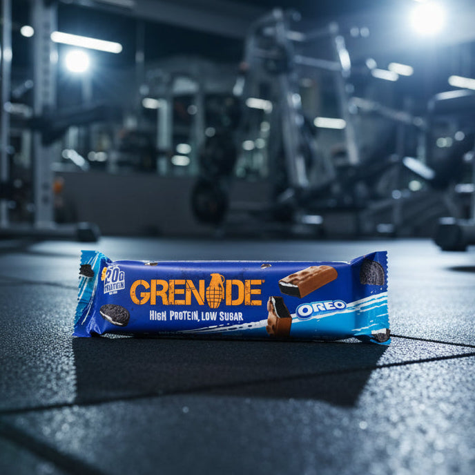 Grenade Oreo protein bar on a gym floor with gym equipment in the background