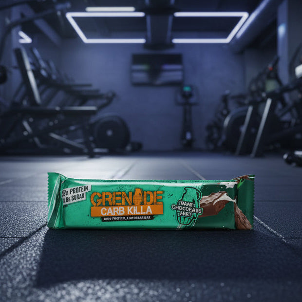 Crenade Carb Killa bar on a gym floor with equipment in the background