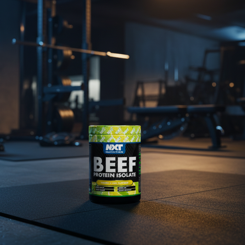 Beef protein isolate container on a gym floor with gym equipment in the background